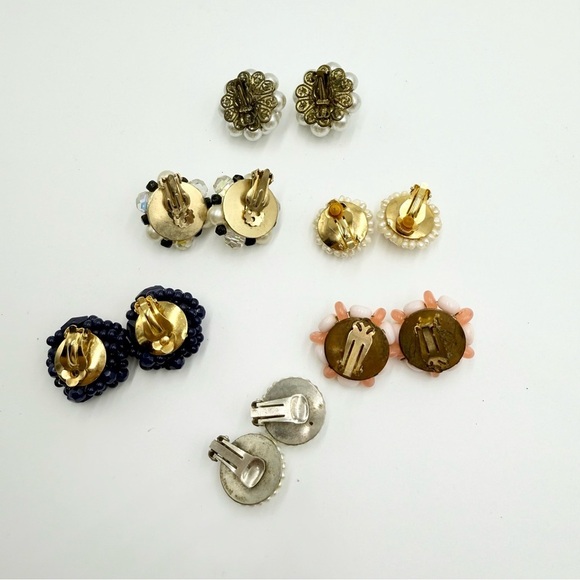 Vintage Beaded Floral Faux Pearls Clip on Earrings Lot - Picture 10 of 11